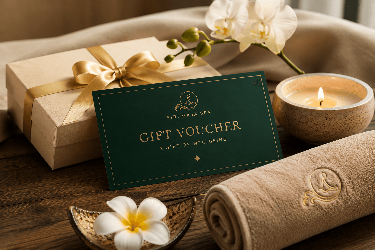 Gutschein von Siri Gaja Spa mit goldener Schleife, Orchidee, Kerze und Spa-Handtuch